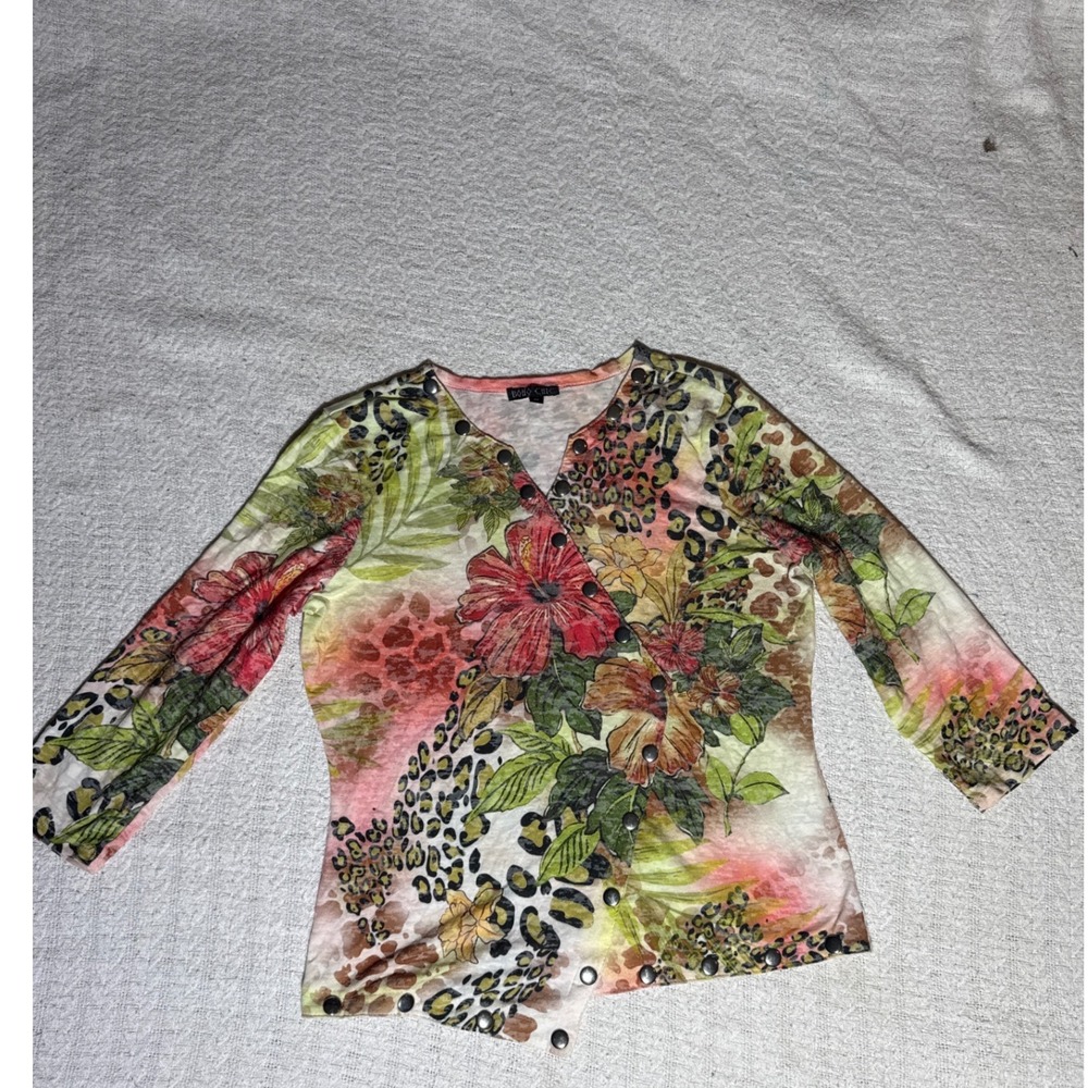 Boho Chic Floral Leopard‎ Cardigan Women M Multicolor Good Asymmetrical Snap Top